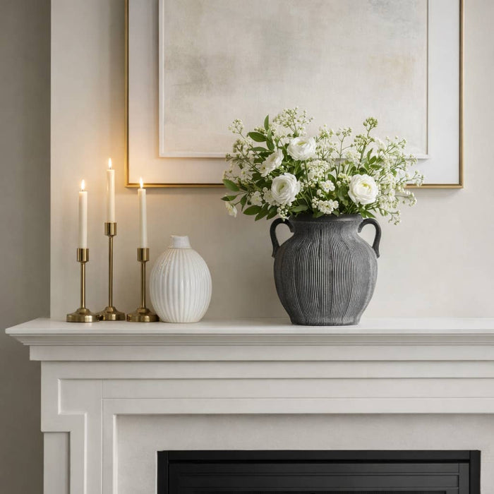Ceramic Ribbed Texture Weathered Handle Vase - Black, 10 in.