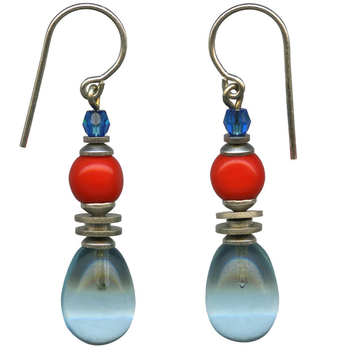 Owen Glass Collection 10-inch aquamarine glass dangle earrings with shimmering, teardrop-shaped design and silver hooks.
