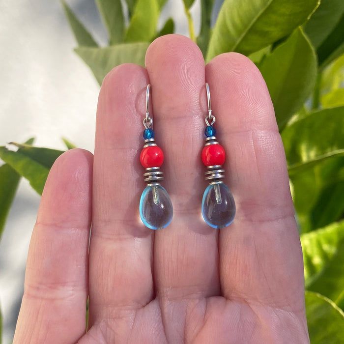 Owen Glass Collection Chimes 10-inch aquamarine glass dangle earrings with clear, shimmering glass beads and elegant design.