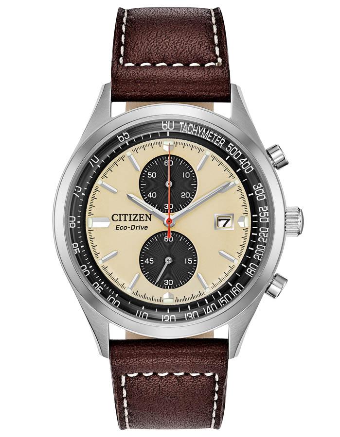Citizen Eco-Drive Chandler - Chronograph - Stainless Steel - Beige Dial -Leather - CA7020-07A