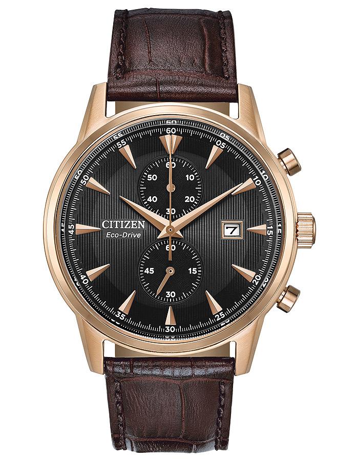 Citizen Eco-Drive Corso Mens Chronograph - Rose-Tone - Black Dial - Brown Strap - CA7003-06E