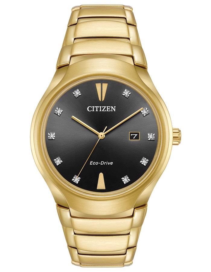 Citizen Mens Eco-Drive Diamond Watch - Gold-Tone - Bracelet - Black Dial - Date - AW1552-54E