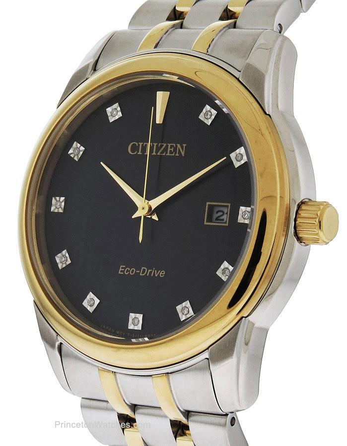 Citizen Mens Eco-Drive Diamond Watch - Two Tone - Black Dial - Bracelet - Date - BM7344-54EA