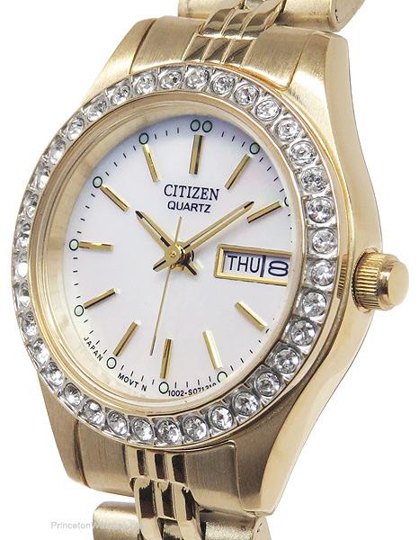 Citizen Quartz Gold-Tone Crystal Ladies Watch - MOP Dial - Bracelet - Day/Date - EQ0532-55DA