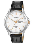 Citizen Quartz Mens Watch - Stainless Steel - White Dial - Day/Date - Leather - BF2009-11A