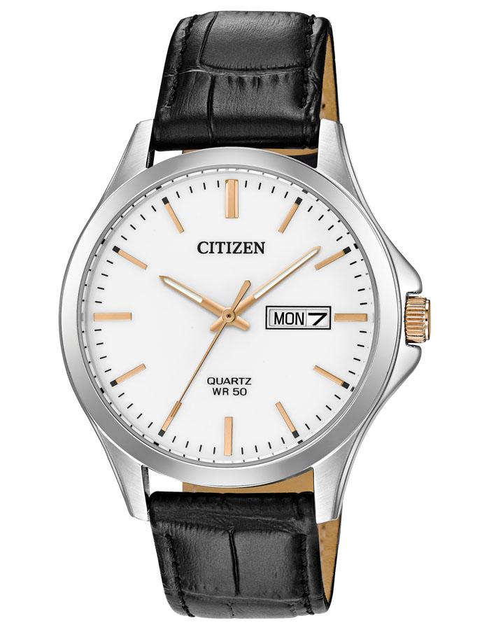 Citizen Quartz Mens Watch - Stainless Steel - White Dial - Day/Date - Leather - BF2009-11A