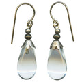 German glass drop earrings by Owen Glass Collection featuring clear, silver-bright glass teardrops on silver hooks.