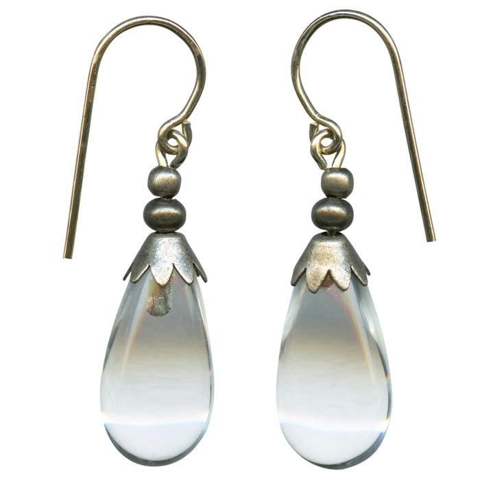 German glass drop earrings by Owen Glass Collection featuring clear, silver-bright glass teardrops on silver hooks.