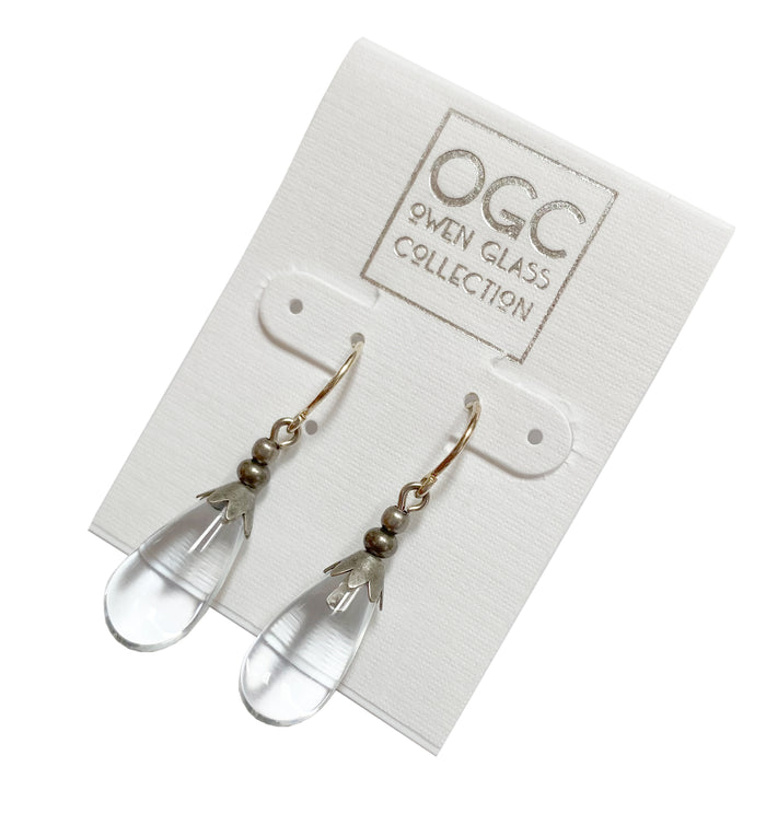 Silver Brights German glass drop earrings by Owen Glass Collection featuring clear, reflective glass drops on silver hooks.