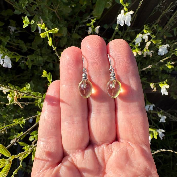 Clear yellow German glass drop earrings with mini berry design by Owen Glass Collection, featuring delicate glass craftsmanship.