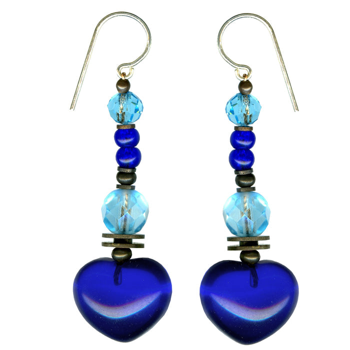 Cobalt and aquamarine Czech glass heart earrings by Owen Glass Collection featuring vibrant, handcrafted jewelry with heart-shaped glass beads.