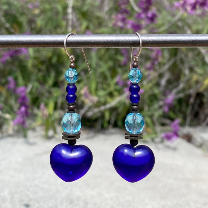 Cobalt and aquamarine Czech glass heart earrings by Owen Glass Collection, showcasing vibrant, handcrafted jewelry.