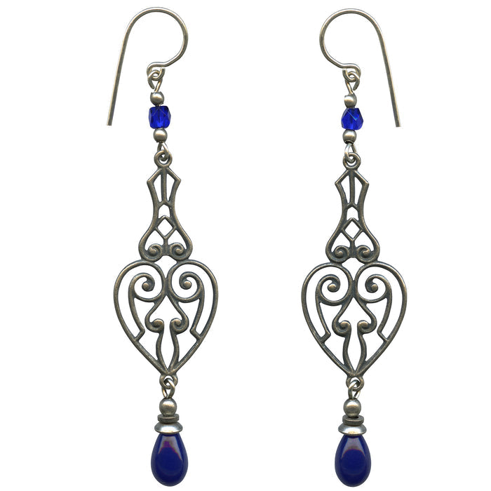 Cobalt blue antique Czech glass drop earrings from Owen Glass Collection with elegant, teardrop-shaped designs.