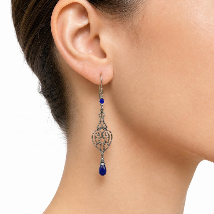 Cobalt blue antique Czech glass drop earrings from Owen Glass Collection featuring elegant, elongated design and intricate glass detail.