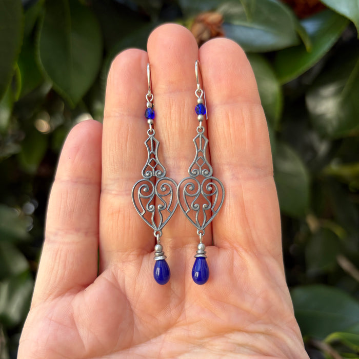 Cobalt blue antique Czech glass drop earrings from Owen Glass Collection featuring elegant, vintage-inspired jewelry design.