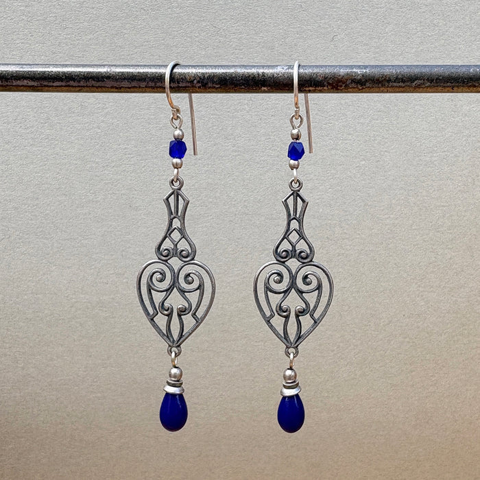 Cobalt blue antique Czech glass drop earrings from Owen Glass Collection with elegant, handcrafted design.