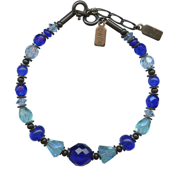 Cobalt blue Czech glass and aqua crystal bracelet from Owen Glass Collection, featuring vibrant beads and intricate design.