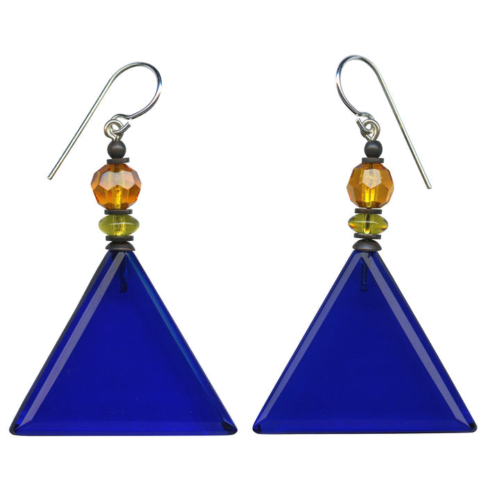 Cobalt blue geometric German glass drop earrings from Owen Glass Collection, featuring stylish faceted glass design.