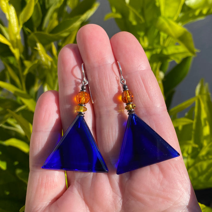 Cobalt blue geometric German glass drop earrings with modern design from Owen Glass Collection, style 448.