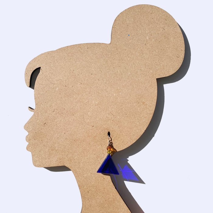Cobalt blue geometric German glass drop earrings by Owen Glass Collection featuring modern, artistic design with smooth, reflective surfaces.