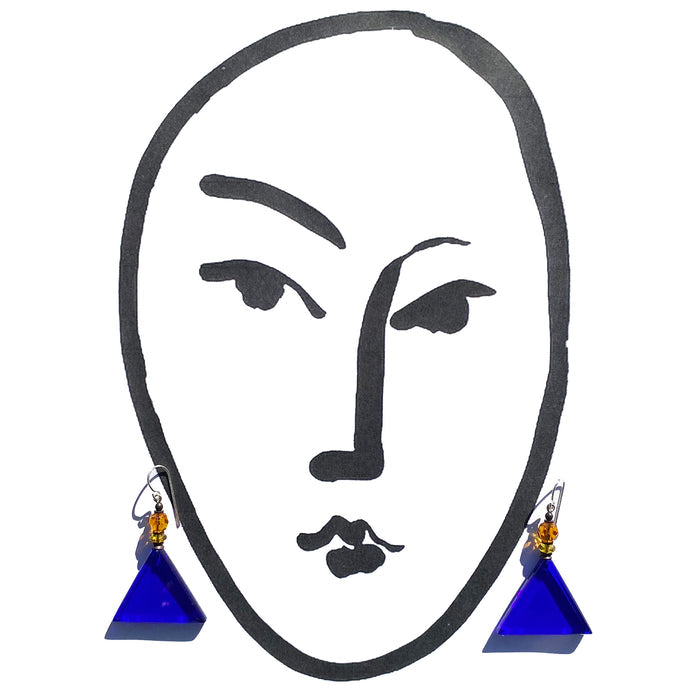 Cobalt blue geometric German glass drop earrings from Owen Glass Collection featuring modern style and bold blue glass design.