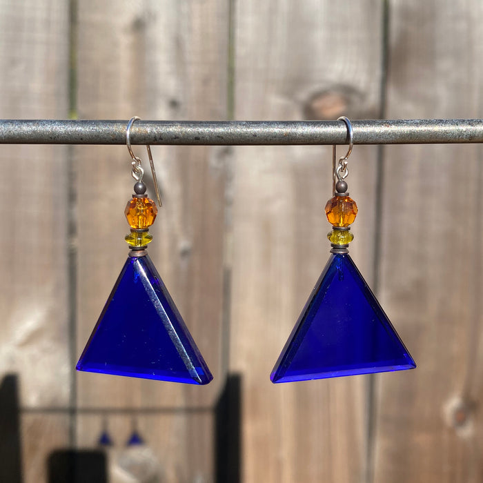 Cobalt blue geometric German glass drop earrings from Owen Glass Collection, featuring modern style and intricate design.
