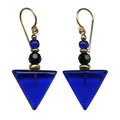 Geometric cobalt glass and gold earrings from Owen Glass Collection featuring modern design and sleek metallic accents.