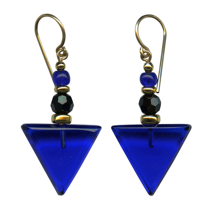 Geometric cobalt glass and gold earrings from Owen Glass Collection featuring modern design and sleek metallic accents.