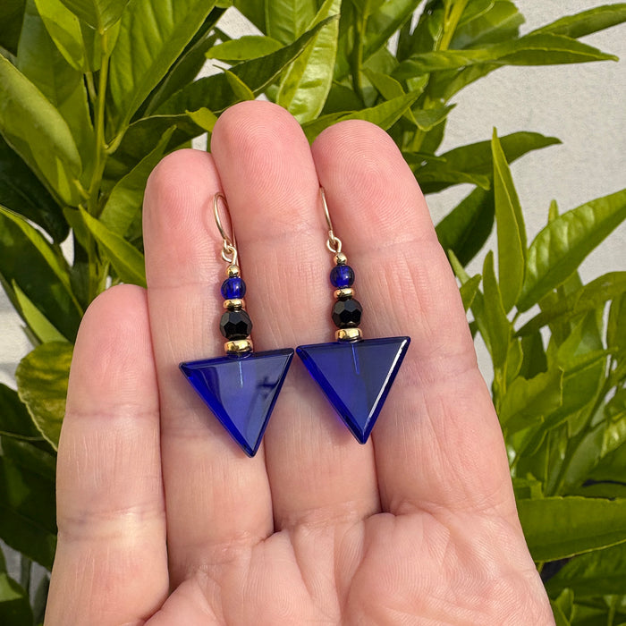 Geometric cobalt glass and gold earrings from Owen Glass Collection, featuring modern design and elegant craftsmanship.