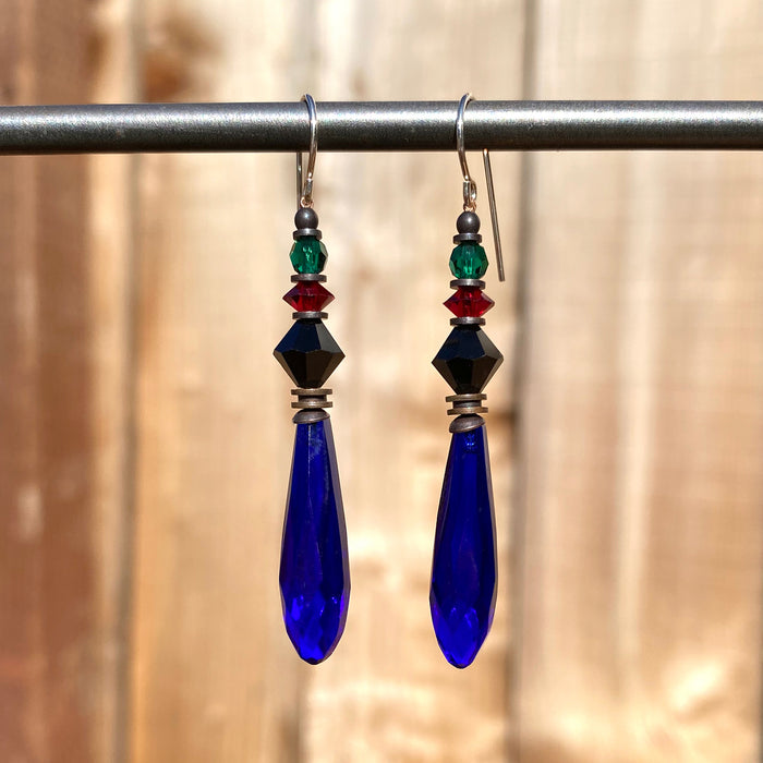 Cobalt blue prism earrings from Owen Glass Collection featuring geometric glass design and polished finish.
