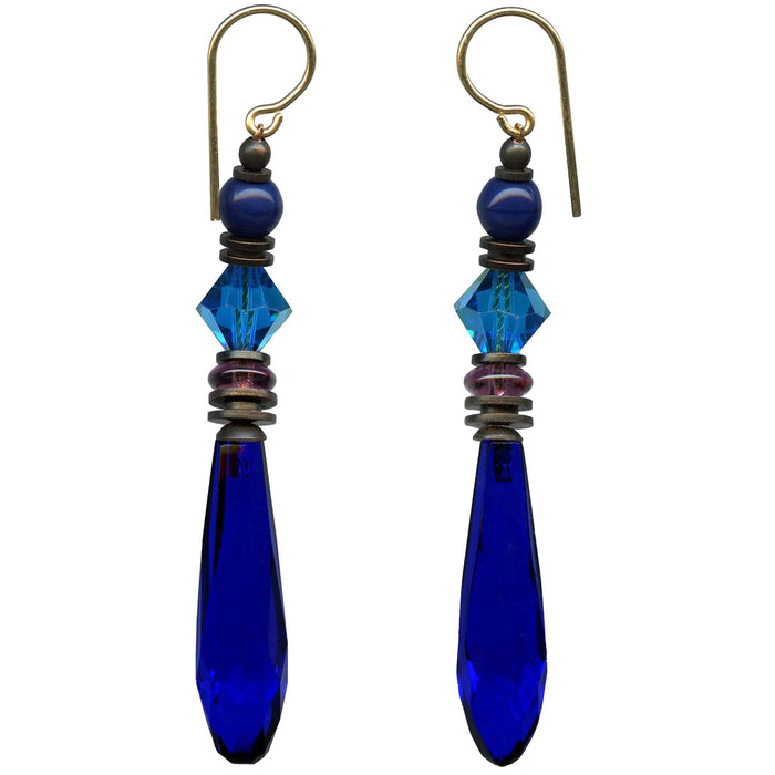 Cobalt blue glass chandelier earrings from Owen Glass Collection with intricate design and dangling glass elements.