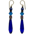 Cobalt blue glass chandelier earrings from Owen Glass Collection with intricate design and dangling glass elements.