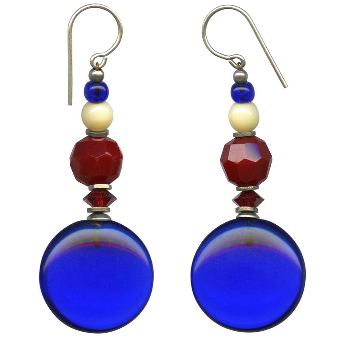 Cobalt and antique red Czech glass drop earrings with mosaic design from Owen Glass Collection, showcasing intricate glass detail.