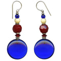 Cobalt and antique red Czech glass drop earrings with mosaic design from Owen Glass Collection, showcasing intricate glass detail.