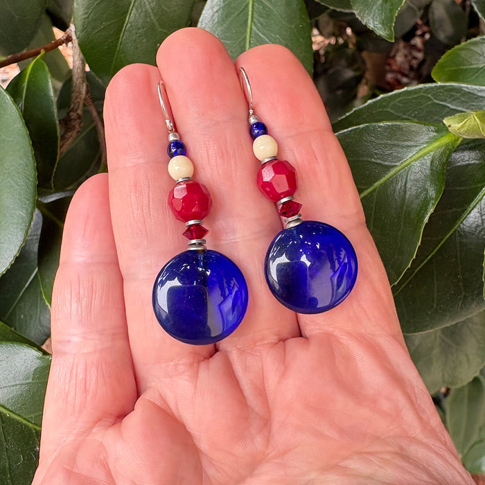 Cobalt and antique red Czech glass drop earrings from Owen Glass Collection featuring mosaic design and elegant craftsmanship.
