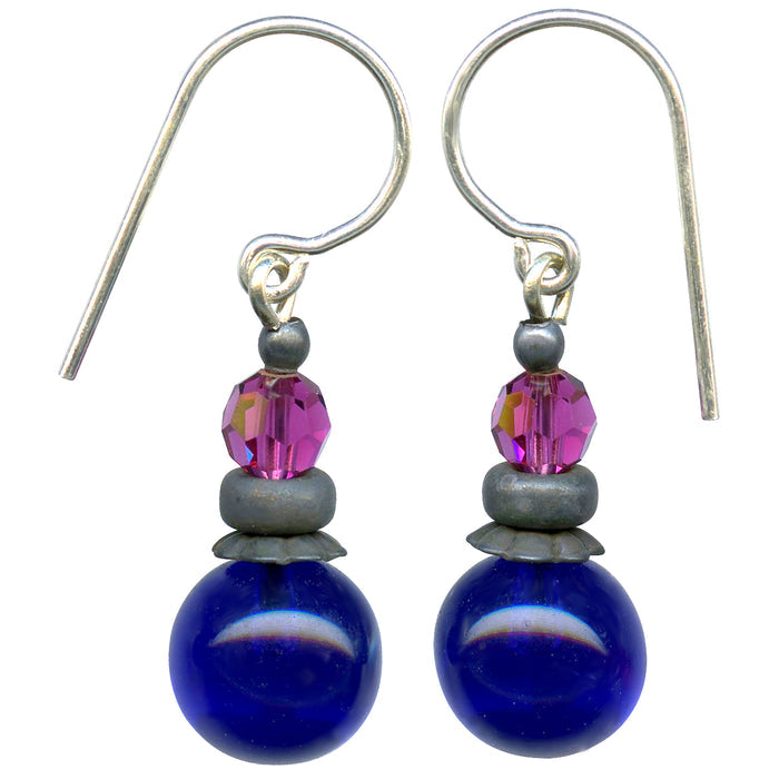 Cobalt glass and fuchsia crystal drop earrings from Owen Glass Collection with bubble-like design and elegant dangling style.