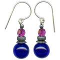 Cobalt glass and fuchsia crystal drop earrings from Owen Glass Collection with bubble-like design and elegant dangling style.