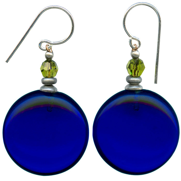 Cobalt glass and green crystal dangle earrings from Owen Glass Collection featuring a window-inspired design.