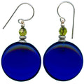 Cobalt glass and green crystal dangle earrings from Owen Glass Collection featuring a window-inspired design.