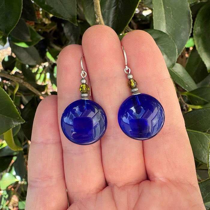 Cobalt glass and green crystal dangle earrings from Owen Glass Collection showcasing vibrant color and elegant design.