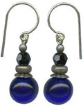 Cobalt glass and jet crystal drop earrings with bubble design from Owen Glass Collection, showcasing elegant jewelry style.