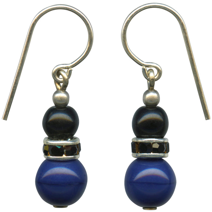 Cobalt and jet Czech glass rhinestone earrings from Owen Glass Collection, Mini Flash 13 style, showcasing sparkling gemstone details.