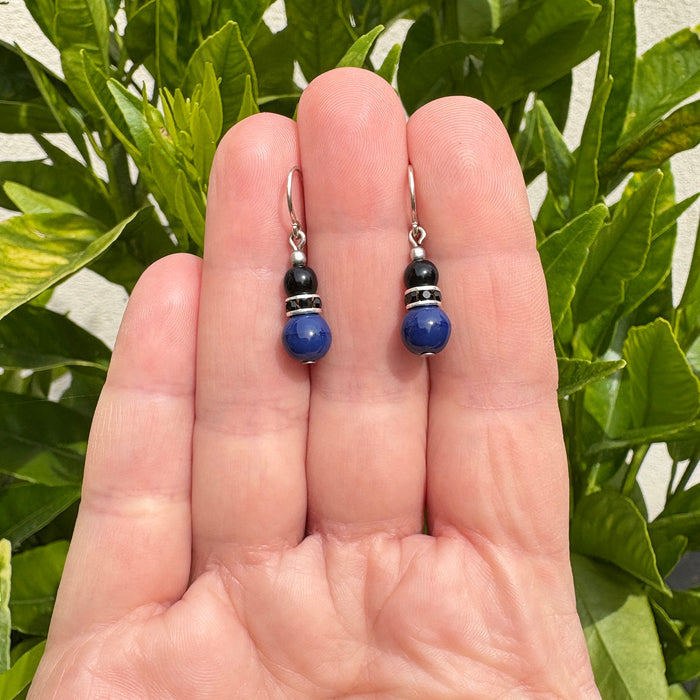 Cobalt and jet Czech glass rhinestone earrings from Owen Glass Collection, featuring sparkling mini flash design.