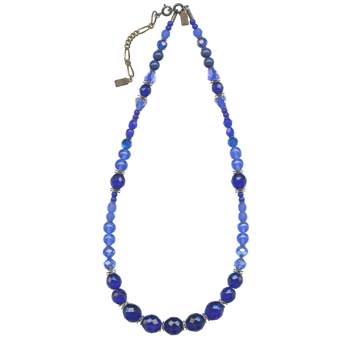 Cobalt Tones 18-inch beaded blue necklace with bronze accents from Owen Glass Collection, showcasing vibrant beads and intricate design.