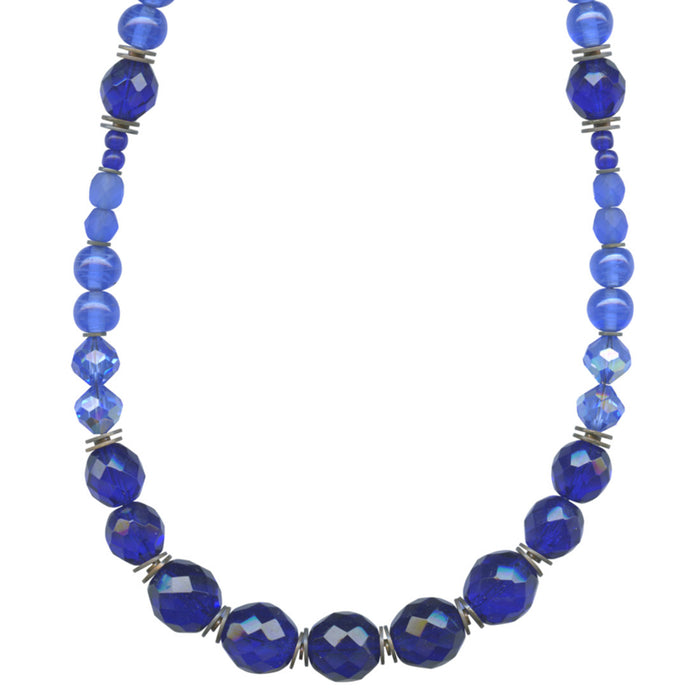 Beaded blue necklace with bronze accents from Owen Glass Collection, 18-inch length, showcasing cobalt tones and intricate beadwork.