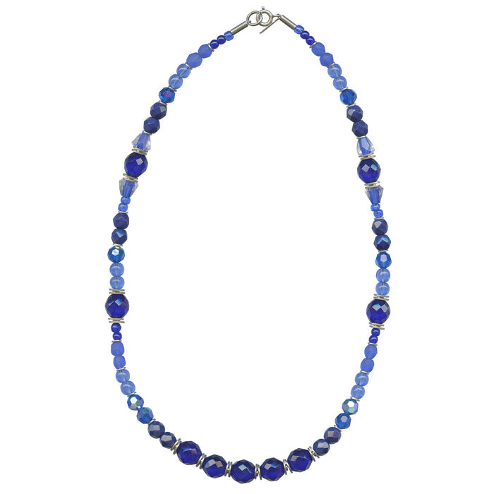 Blue beaded necklace from Owen Glass Collection, 18 inches long with cobalt tones, featuring vibrant glass beads.
