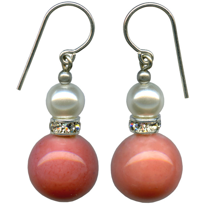 Coral antique Czech glass and pearl earrings from Owen Glass Collection, featuring elegant, handcrafted jewelry design.