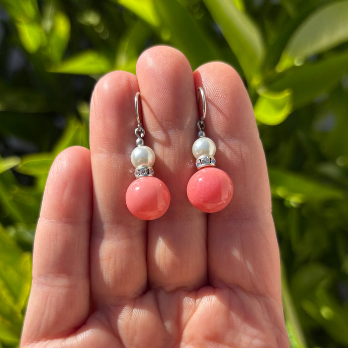 Coral antique Czech glass and pearl earrings from Owen Glass Collection featuring elegant holiday-inspired design.