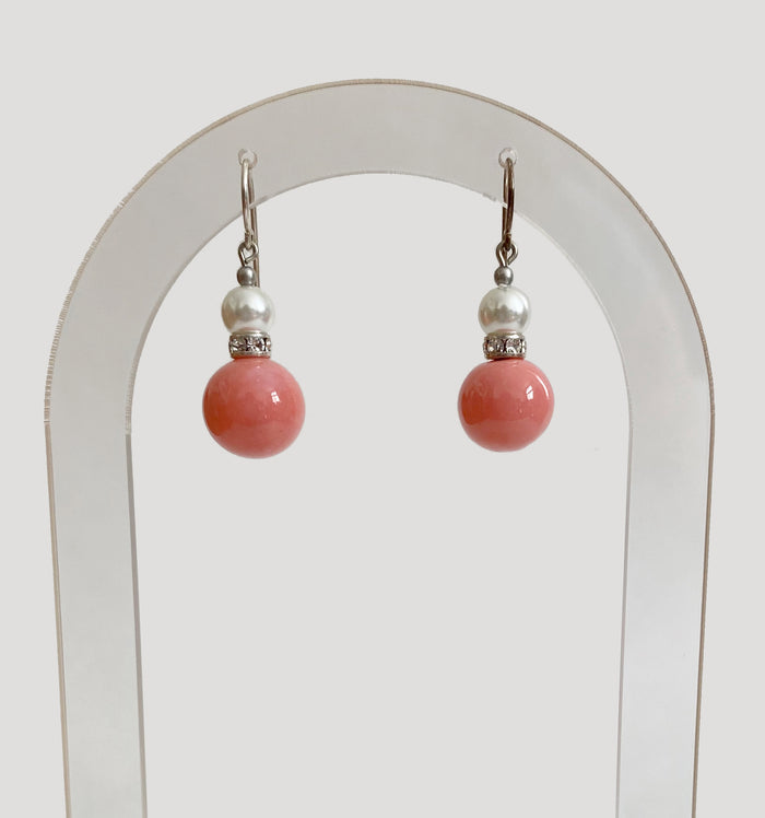 Coral antique Czech glass and pearl earrings from Owen Glass Collection featuring elegant holiday-inspired design.