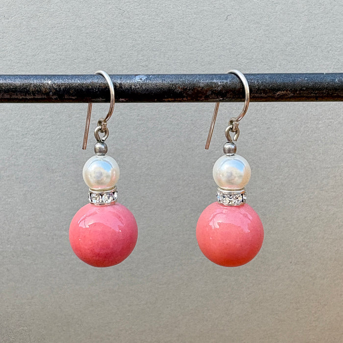 Coral antique Czech glass and pearl earrings from Owen Glass Collection featuring elegant holiday-inspired design and intricate craftsmanship.